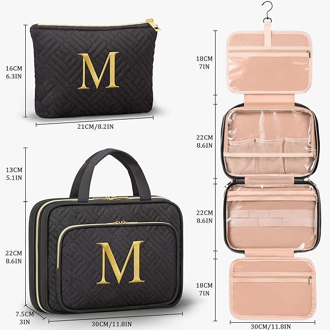 Personalized Gifts for Women, Initial Toiletry Bag Hanging Travel Organizer & Makeup Cosmetic Bag with Embroidery Letter Teacher Appreciation Gift Birthday Mothers Day Gifts for Mom Wife Friend Sister