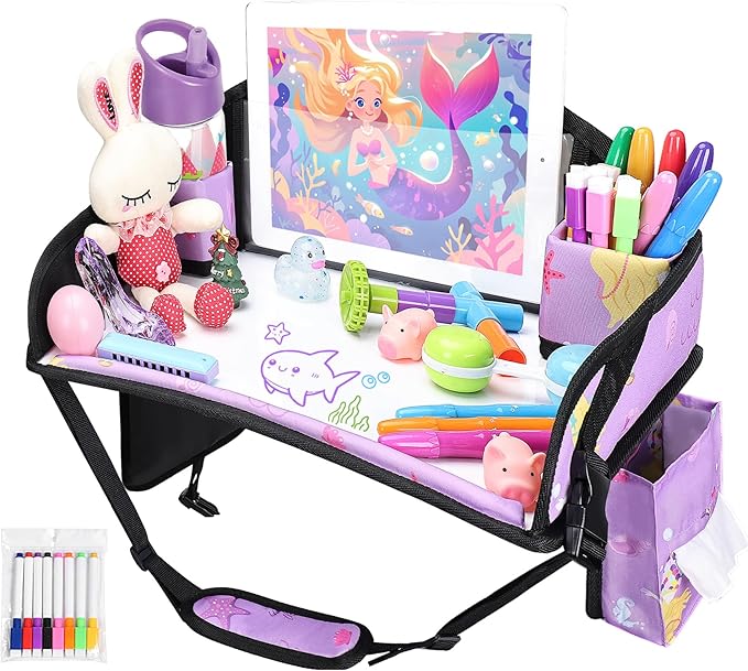 Kids Travel Tray for Airplane - Toddler Car Seat Table Tray, Road Trip Essentials for Boys & Girls, Carseat Lap Desk for Kids Road Trip Activities (Purple Mermaid)