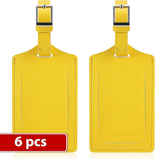 Travelambo Luggage Tags for Suitcases Faux Leather Privacy Protection 6 Pack Bag Tags Travel Accessories Essential, Energetic Yellow