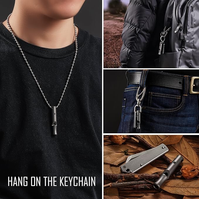 KeyUnity Titanium Emergency Whistle with Metal Lanyard, 120dB+, One-Piece Outdoor Survival Whistle, Ultra-Light, Rustproof