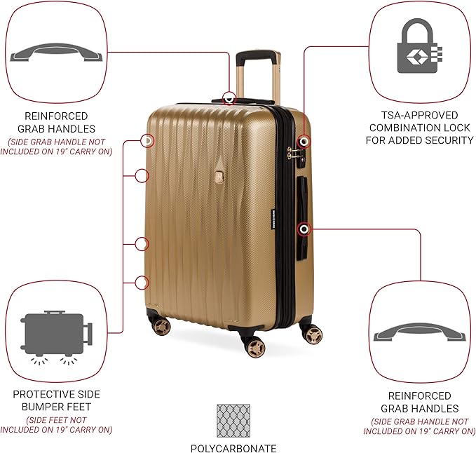 SwissGear 7272 Energie Expandable Hardside Luggage with Spinner Wheels and TSA Lock, Gold, Checked-Medium 24-Inch