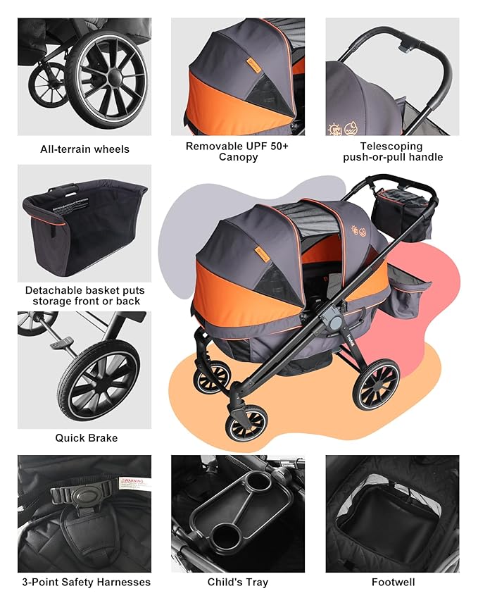 Tandem Wagon Stroller – All-Terrain 2-in-1 Push & Pull Design, Double Seat, Large Storage, Adjustable Canopy, Removable Child Tray for Kids Outdoor Adventures & Family Outings