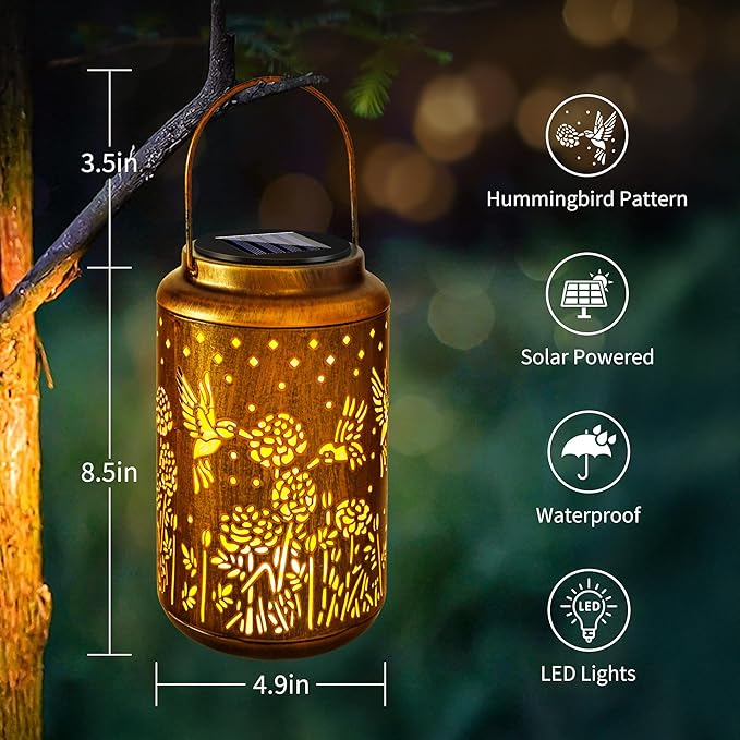 Brizled Hummingbird Solar Lantern Lights, 2 Pack LED Hollow Out Hanging Lantern Lights Outdoor, Warm White Solar Garden Light Decorative Retro Metal Outdoor Lighting for Garden Patio Courtyard Path