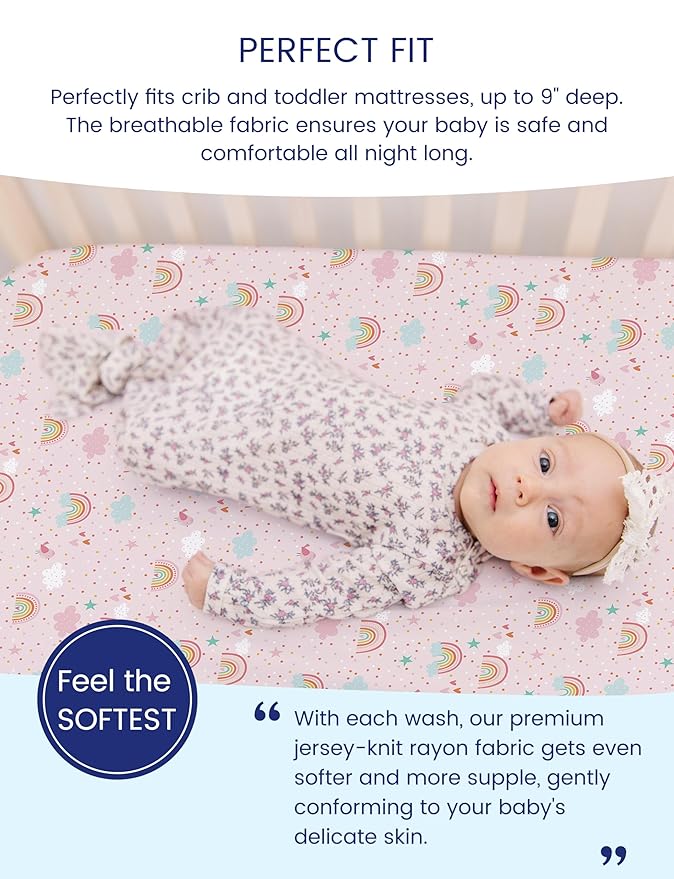 TotAha Pink Rainbow Crib Sheets Girl - Hypoallergenic, Silky Comfort, Buttery Soft, Calming Effect, All-Season Premium Stretchy Jersey-Knit Sheets, 9'' Extra Deep Pocket-2 Pack