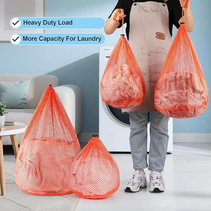 4Pcs Mesh Laundry Bags Washing Machine Mesh Wash Bags for Clothes,Underwear,Lingerie, Bed Linen with Drawstring Closure Sturdy(4 Size, Orange)