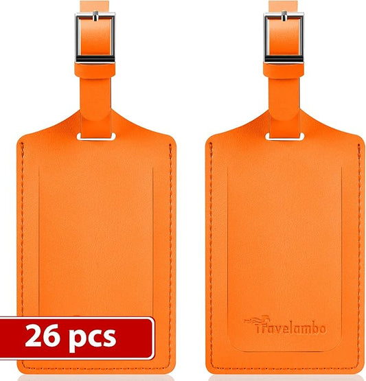 Travelambo Luggage Tags for Suitcases Faux Leather Privacy Protection 26 Pack Bag Tags Travel Accessories Essential, Hot Orange