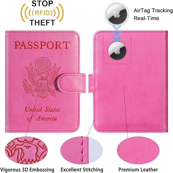 Airtag Passport Holder Cover Wallet RFID Blocking Leather Case Travel Essentials Luggage Accessories Travel Must Have(118#Pink)