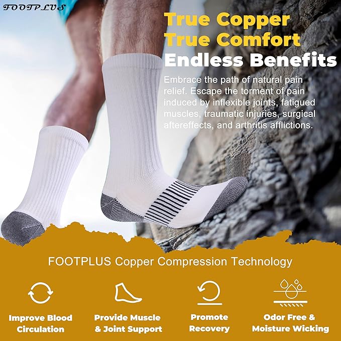 FOOTPLUS Hiking Copper Compression Socks,Unisex Cushioned Sole Arch Support Athletic Crew Running Socks