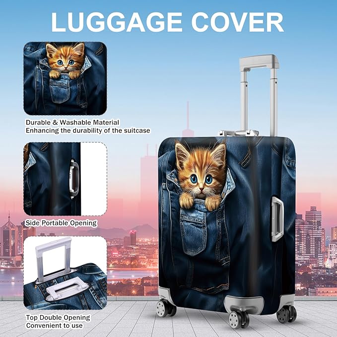 ANNA QUEEN Cute Kitten in Pocket Luggage Cover, Funny Cat Suitcase Protector with Denim Print, Stretchable & Washable Spandex Travel Cover for 20-22 Inch Luggage