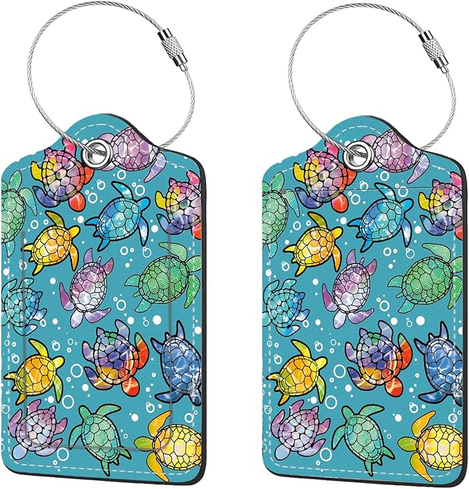 2 Pcs Luggage Tags for Suitcase, Cute Unique PU Leather Travel Bag Tag with Privacy Cover ID Label Address Card and Durable Metal Ring Suitable for Men Women Children Backpack,Gradient Color Turtle