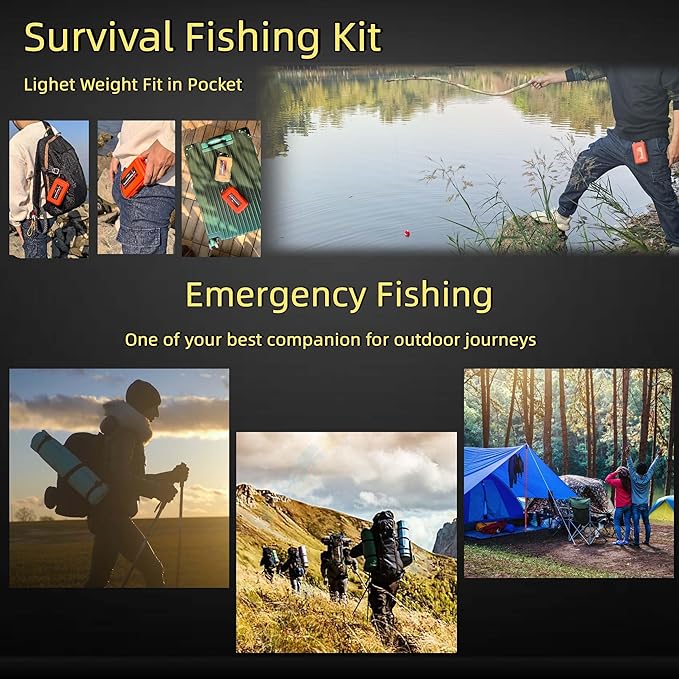 Mini Survival Fishing Kit Small Emergency Fishing TackleBox Pocket Outdoor Fishing Set Travel Party Fishing shoebox Surf Survivalist Fishing Accessories Pack Fishing Gear Gifts for Starter Men