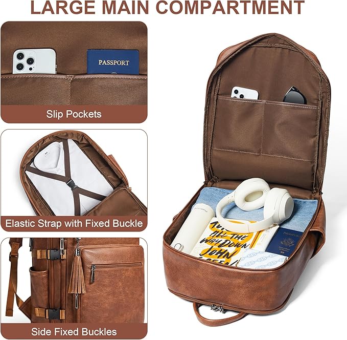Shrrie Laptop Backpack for Women,Vegan Leather Backpack Work Computer Backpacks fits 16" Laptop,Water Resistant Teacher Nurse Casual Daypack for Weekender Camping Travel,Two-toned Brown