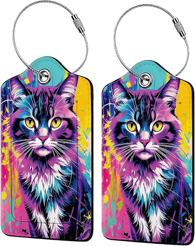 Colorful Cat 2 Pack Luggage Tag for Suitcase, Cute Unique Leather Bag Tags Identifiers Privacy Cover ID Label with Steel Loop for Women Men Kids Girls Travel,