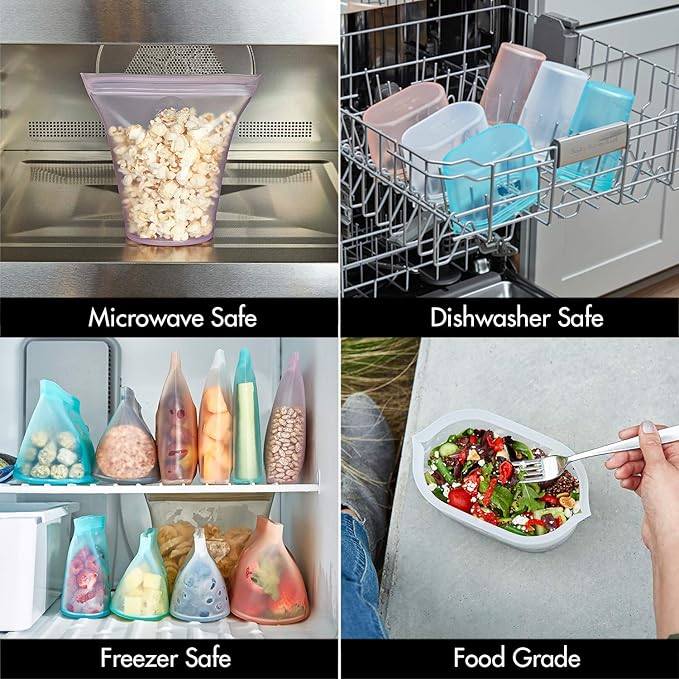 Zip Top Reusable Food Storage Bags | 3 Dish Set [Lavender] | Silicone Meal Prep Container | Microwave, Dishwasher and Freezer Safe | Made in the USA