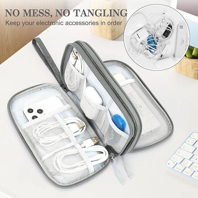 FYY Electronic Organizer, Travel Cable Organizer Bag Pouch Electronic Accessories Carry Case Portable Waterproof Double Layers Storage Bag for Cable, Cord, Charger, Phone, Large Size, Dark Grey
