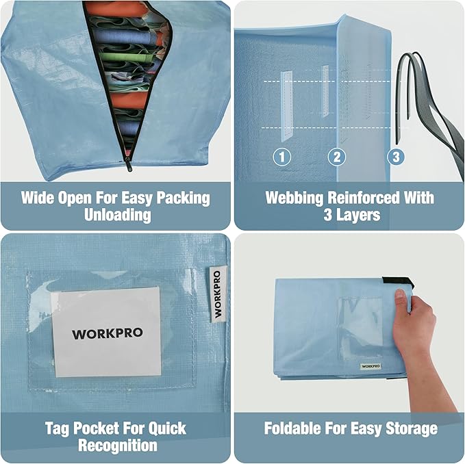 WORKPRO 6 Pack Extra Large Moving Bags with Zippers & Carrying Handles Backpack Straps, Heavy-Duty Storage Tote for Space Saving & Storage, Alternative to Moving Box (Dusty Blue)