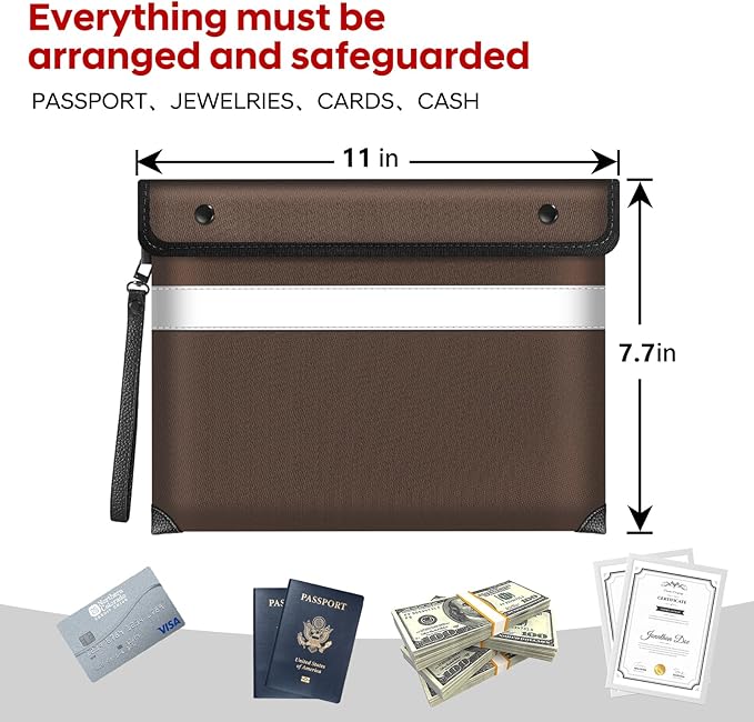Fireproof Bag for Documents (11 x 7.7 inch)-5200 Heat Insulated, Waterproof Document Pouch with Double-Sided Reflective Strip, Money Bag for Cash (Brown)