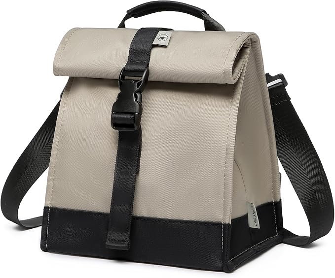 SUNNY BIRD Insulated Lunch Bag Rolltop Lunch Box Tote Bag for Women, Men, Adults and Teens (Grey and black)