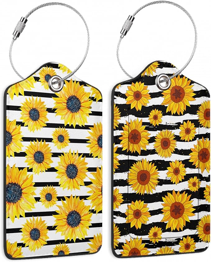 2 Pack Luggage Tag for Suitcase,Sunflowers Striped Leather Suitcase Tags Identifiers with Privacy Name Address Labels and Durable Steel Loop for Women Men Travel
