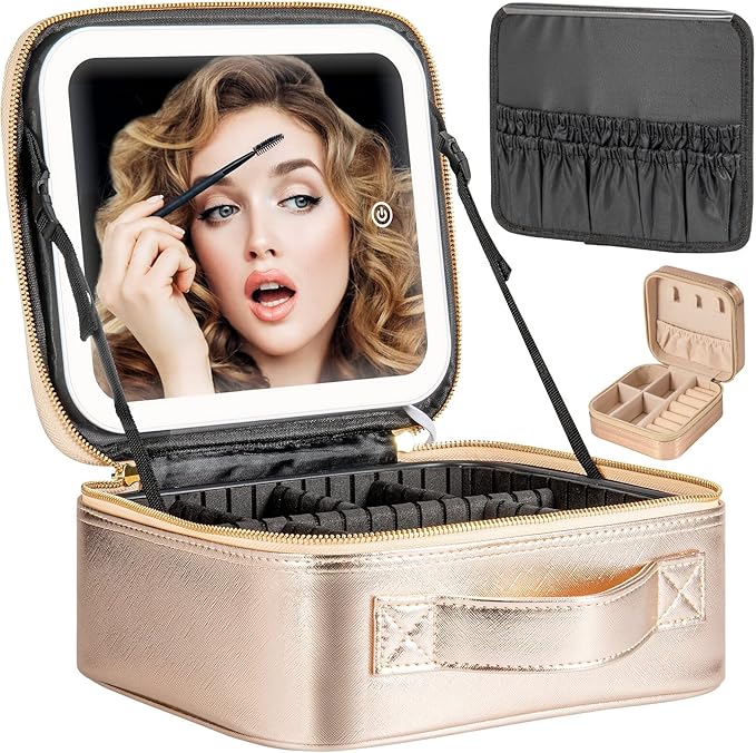 Makeup Travel Train Case with Mirror LED Light 3 Adjustable Brightness Large Cosmetic Bag Portable Storage Adjustable Partition Waterproof Make up Brushes Makeup Jewelry Gift for Women
