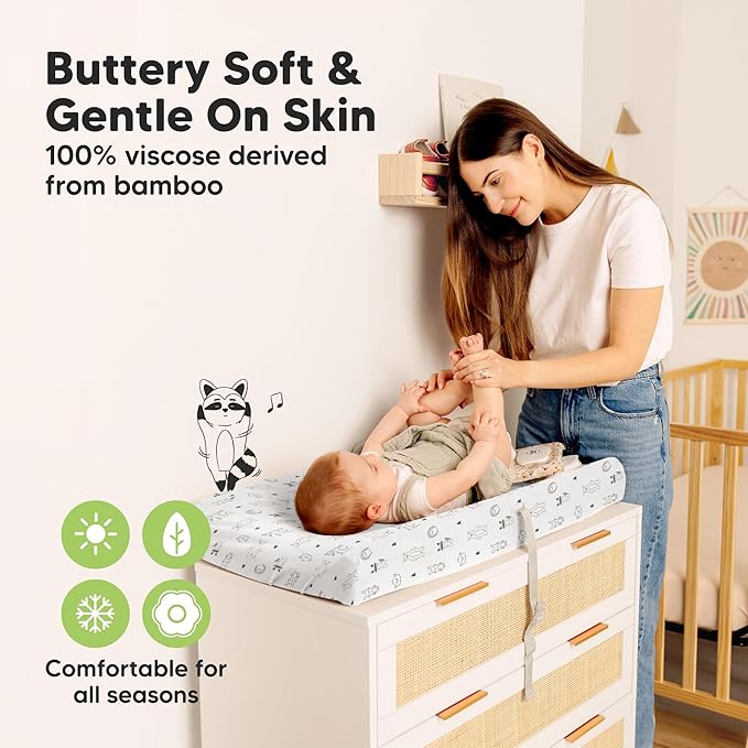 2-Pack Baby Changing Pad Covers for Girl, Boy, Neutral - Soft Viscose Derived from Bamboo Changing Table Pad Cover Sheets, Baby Nursery Diaper Changing Pad Cover, Contour Changing Pad Liner (Woodland)