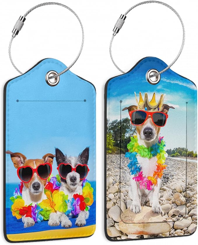 Dogs on Beach Luggage Tags for Suitcases,2 Pack Hawaii Luggage Tag,Leather Stainless Steel Loop Label Tag for Women Men Girls Travel Bag Suitcase