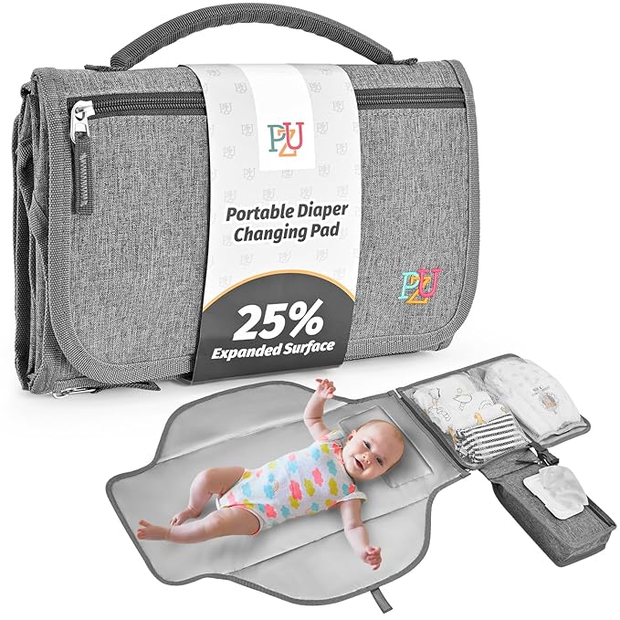 PZU Portable Diaper Changing Pad - Changing Pad Portable with Wipes Pocket, Waterproof Diaper Changing Mat, Portable Changing Pad for Baby, Newborn Gift（Grey）