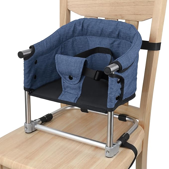 Booster Seat for Dining Table: Portable Toddler Booster Chair with Safety Buckle and Height Adjustable, Foldable Baby Feeding Chair, Kids High Chair Booster Seat for Kitchen Home Travel - Navy Blue