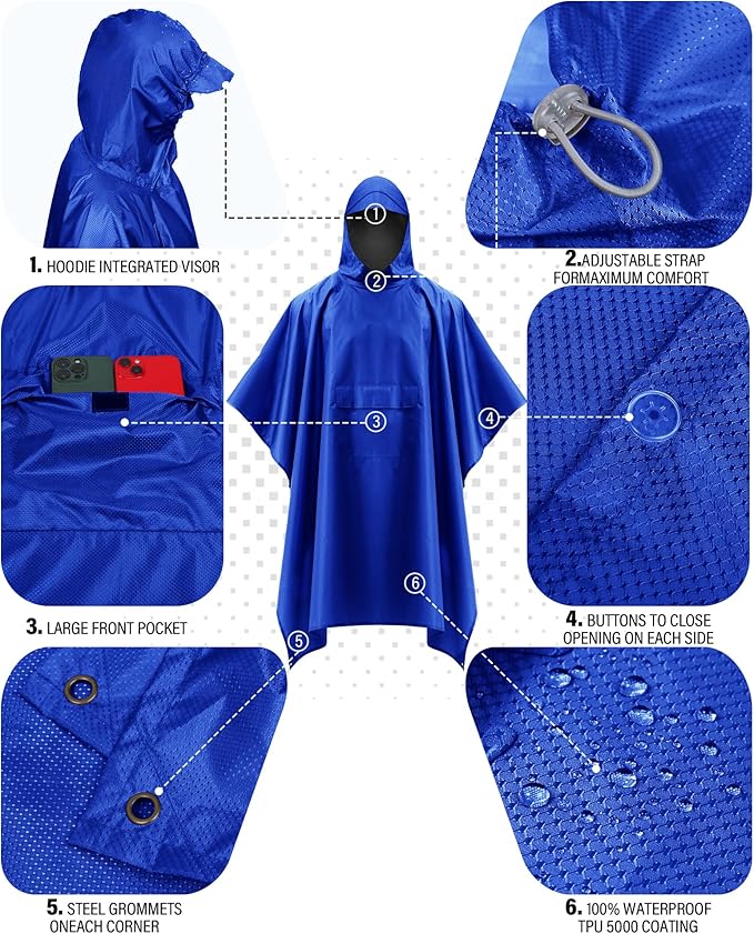 iCreek Hooded Rain Poncho with Pocket Waterproof Lightweight Unisex Raincoat Jacket for Hiking, Camping, Outdoor