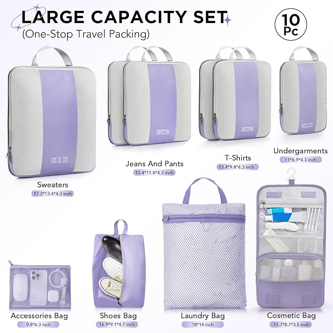 10 Set Compression Packing Cubes for Travel Essentials,Compressible Expandable Packing Cubes for Suitcase,OlarHike Luggage Organizer Bags for Travel,Handy Helper for Organizing Clothes(Purple Gray)