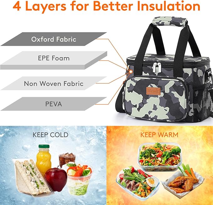 Lifewit Medium Lunch Bag Insulated Lunch Box Soft Cooler Cooling Tote for Adult Men Women, Camouflage 12-Can (9L)