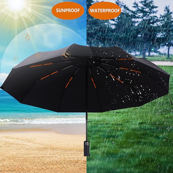 Double 10-Rib 46 Inch Compact Travel Umbrella for Rain - Sturdy Portable Windproof Umbrella - Small Automatic Folding Umbrella