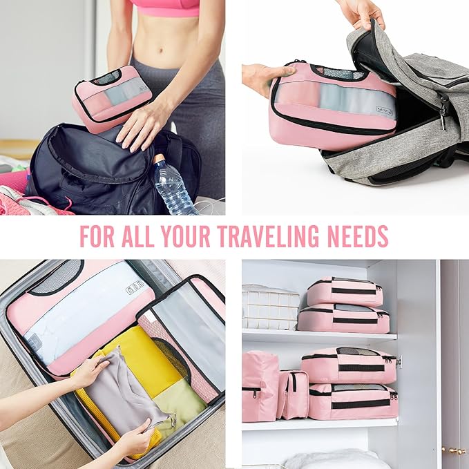 Veken 8 Set Packing Cubes for Travel Essentials, Pink Suitcase Organizer Bags in 4 Sizes, Carry-On Luggage Accessories with Large Laundry & Hanging Toiletry Bag, Must-Have for Airplane, Road Trip