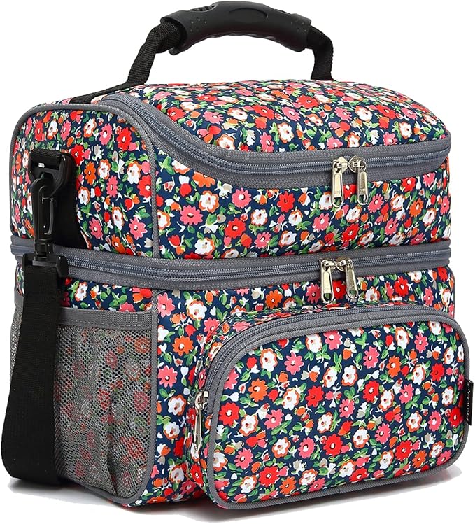 FlowFly Double Layer Cooler Insulated Lunch Bag Adult Lunch Box Large Tote Bag for Men, Women, With Adjustable Strap,Front Pocket and Dual Large Mesh Side Pockets