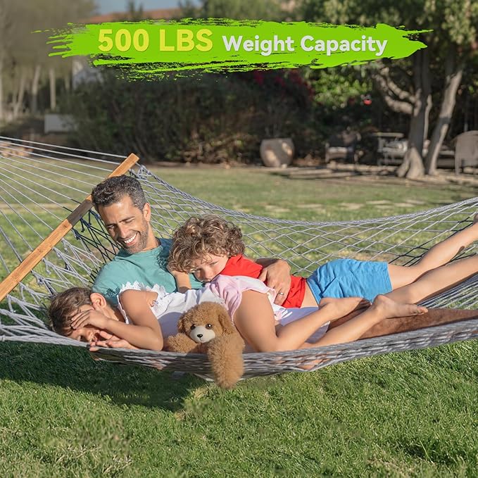 Double Hammock for 2 Person, Handwoven Cotton Rope Hammock with Spreader Bar Without Stand - Indoor & Outdoor Use for Patio, Poolside, Backyard (Grey)