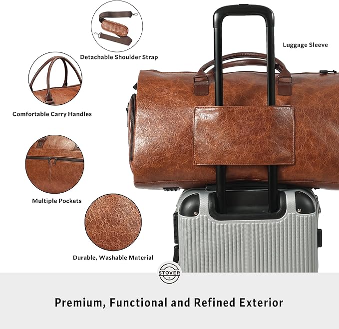STOVER Garment Travel Duffle Bag, Large 2-in-1 Convertible Carry-on Luggage for Men & Women- Hanging Suits, Dresses & Clothes + Shoe Compartment- Weekender Tote Combo Duffel (Brown Leatherette)