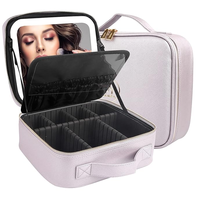 MOMIRA Travel Cosmetic Train Case with Lighted Mirror 3 Color Scenarios Cosmetic Bag Organizer with Adjustable Dividers Makeup Storage for Women, Makeup Accessories & Tools Case Violet Grey
