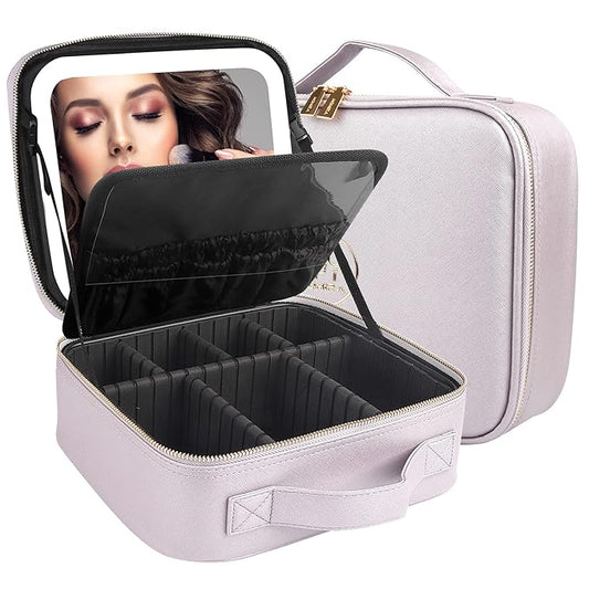 MOMIRA Travel Cosmetic Train Case with Lighted Mirror 3 Color Scenarios Cosmetic Bag Organizer with Adjustable Dividers Makeup Storage for Women, Makeup Accessories & Tools Case Violet Grey