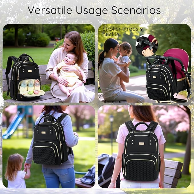 Diaper Bag Backpack - Large Multi functional, Boys, Girls & Baby Travel Essentials Tote with Changing Pad, Insulated Pockets, Stroller Straps, Waterproof - Baby Backpack for Mom & Maternity (Black)