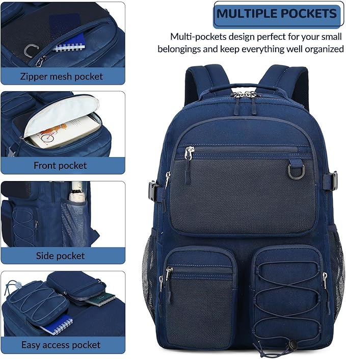Lohol Water Resistant Daypack with Mulitiple Pockets for School Travel Outdoor College, 15.6 inch Laptop Backpack for Men and Women (Navy Blue)