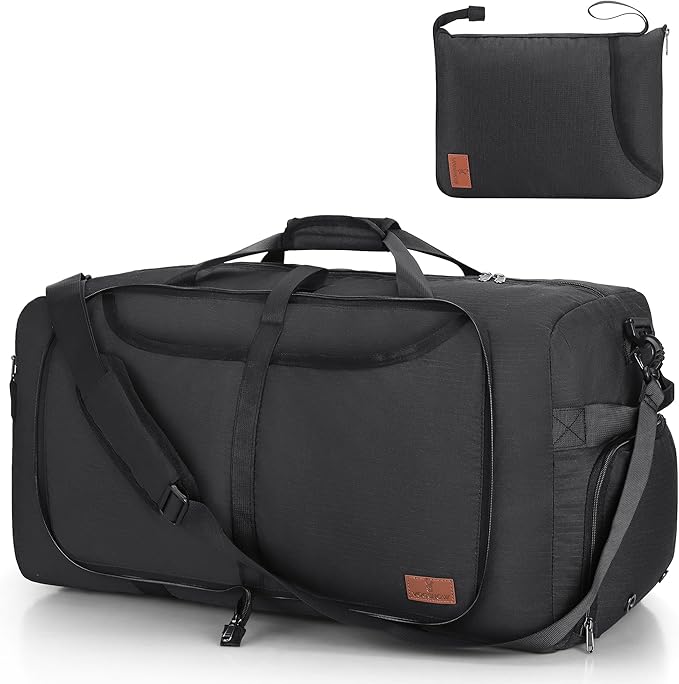 80L Duffle Bag for Travel, Large Foldable Waterproof Travel Duffel Bags Weekender Overnight Bag for Men and Women with Shoe Compartment (Black)