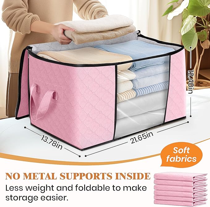 Fab totes 4 Pack Clothes Storage, Foldable Thick Fabric Blanket Storage Bags, Containers for Organizing Bedroom, Closet, Clothing, Comforter, Organization with Handle,Pink
