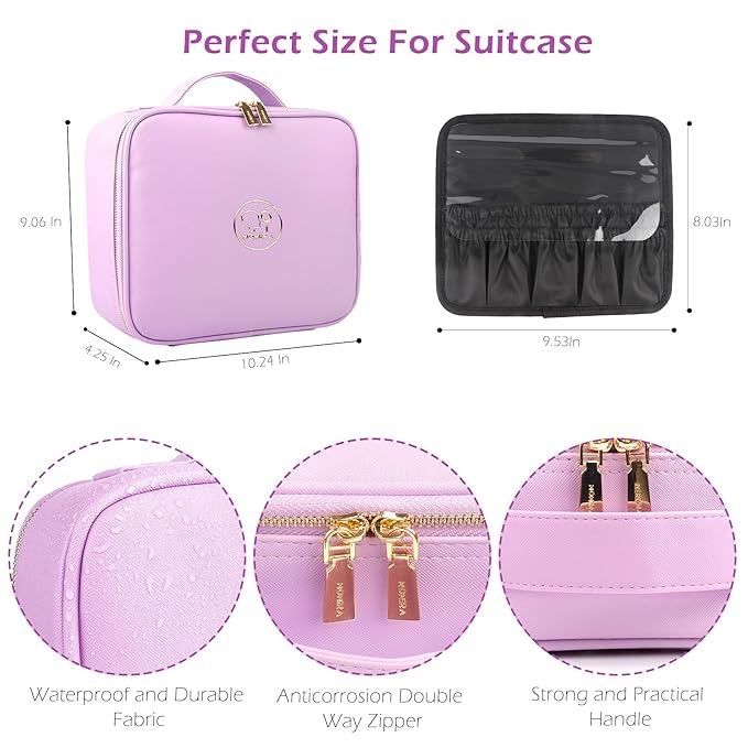 MOMIRA Travel Makeup Bag Cosmetic Bag Makeup Organizer Bag with Lighted Mirror, Adjustable Brightness in 3 Color Scenarios, Waterproof Makeup Train Case, Gift for Women - Purple