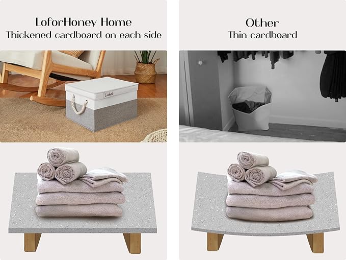 LoforHoney Home Fabric Storage Bins with Lids for Organizing, Foldable Closet Storage Boxes for Shelves, Clothes Baskets with Cotton Rope Handles, XLarge, Beige & Gray, 4-Pack