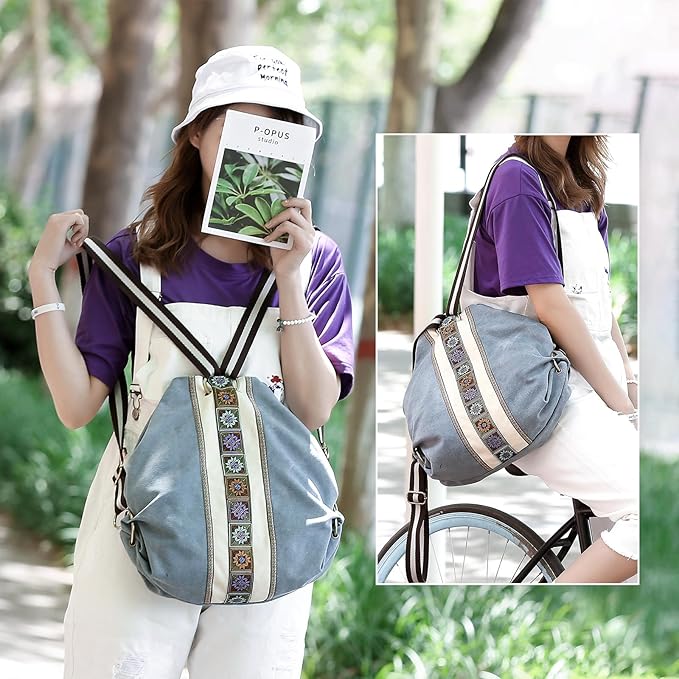 Goodhan Women Canvas Backpack Daypack Casual Shoulder Bag, Vintage Heavy-duty Anti-theft Travel Backpack (Blue Grey)