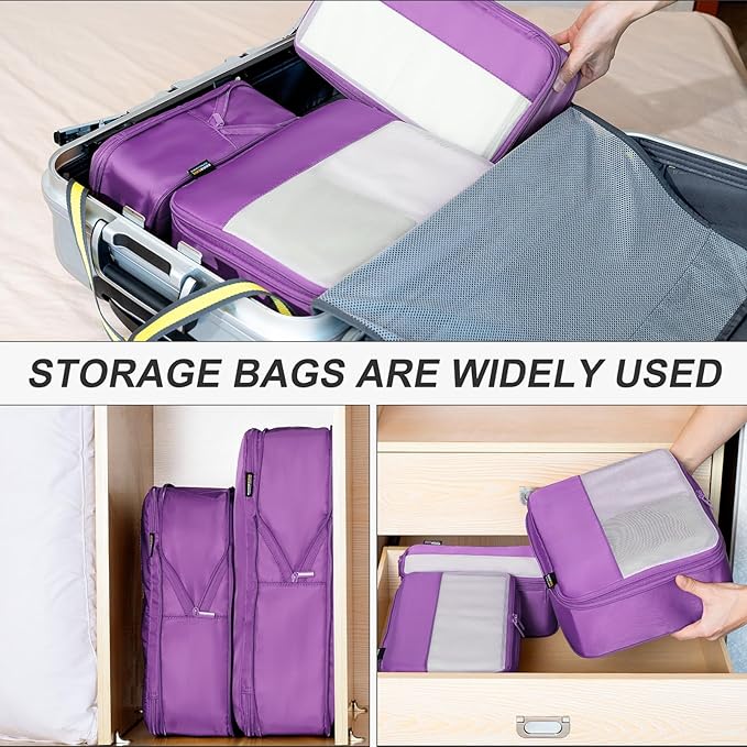 4 Set Compression Packing Cubes for Travel, Suitcases and Backpack Space Saving Organizers (Bright Purple)
