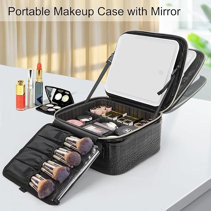 Relavel Makeup Train Case With LED Mirror, Professional Travel Cosmetic Bag with Removable Partitions,Compact Makeup Organizer, Waterproof Toiletry Case for Women, Black