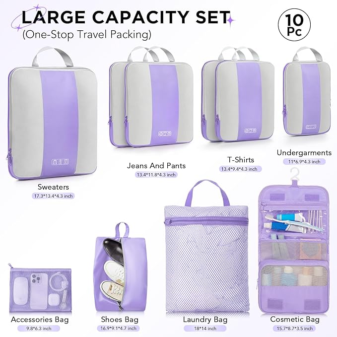10 Set Compression Packing Cubes for Travel Essentials,Compressible Expandable Packing Cubes for Suitcase,OlarHike Luggage Organizer Bags for Travel,Handy Helper for Organizing Clothes(Light Purple)