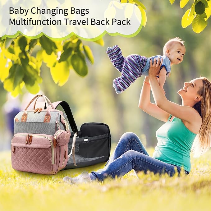 Diaper Bag with Changing Station, Waterproof 3 in 1 Baby Diaper Backpack with Foldable Changing Pad, Pink-Grey