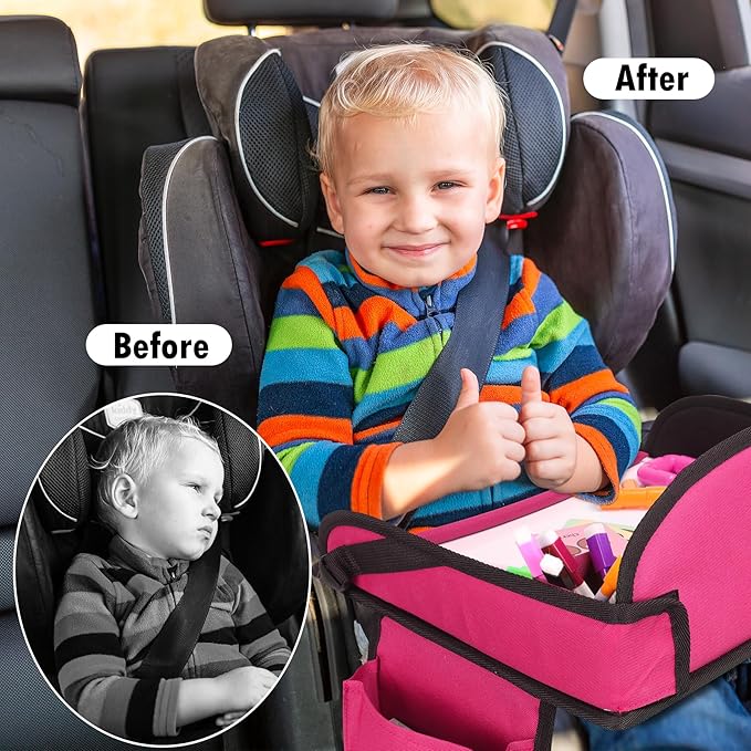 Kids Travel Tray for Airplane - Toddler Car Seat Table Tray, Road Trip Essentials for Boys & Girls, Carseat Lap Desk for Kids Road Trip Activities (Pink)